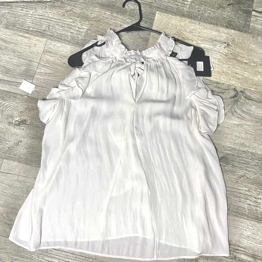 Andrew Marc White Sleeveless Ruffled Blouse Tie Back